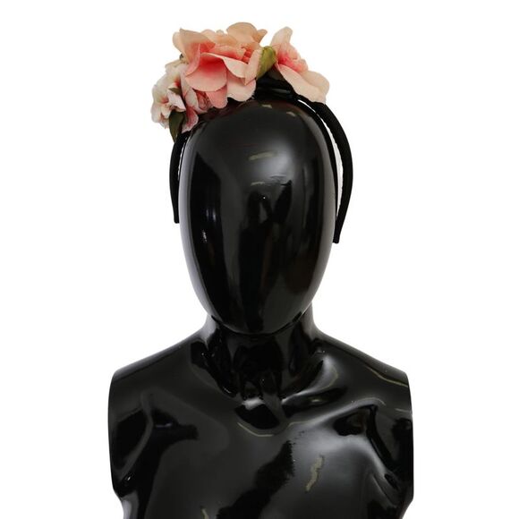Dolce & Gabbana Pink Silk Black Floral Headband Logo Women's Diadem